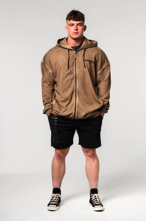 Pánská mikina Nebbia  Washed-off Zip Up Hoodie GYM BRO Light Brown