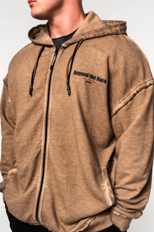 Pánská mikina Nebbia  Washed-off Zip Up Hoodie GYM BRO Light Brown